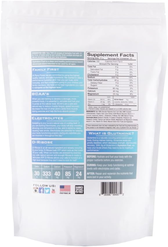 2lb Ryno Power Hydration Fuel Electrolyte Drink Mix - Fruit Punch Flavor with BCAA's for Sustained Energy and Muscle Recovery - Gluten Free Formula (20 Servings)
