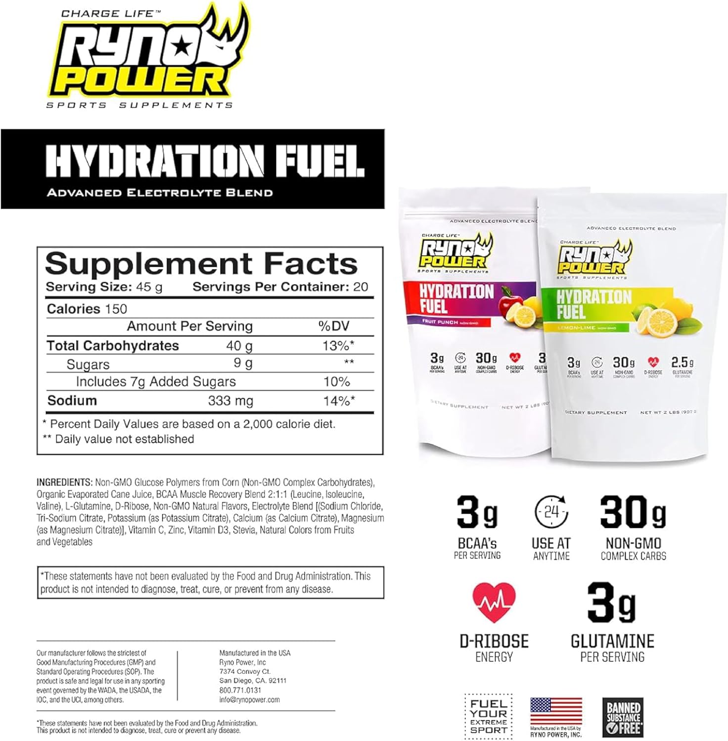 2lb Ryno Power Hydration Fuel Electrolyte Drink Mix: Lemon Lime Flavor, Gluten Free, BCAA's, Sustained Energy & Muscle Recovery - 20 Servings