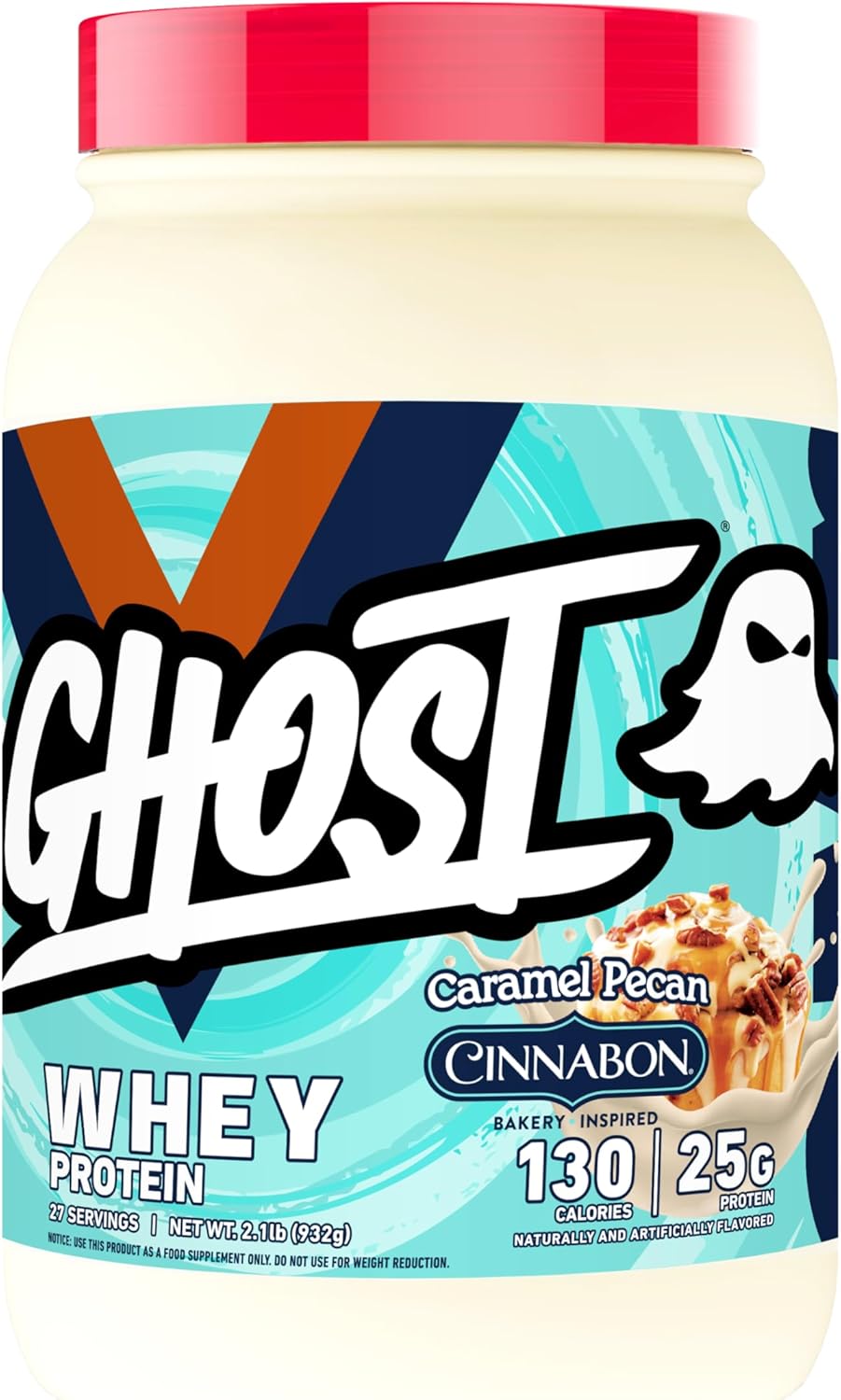 2LB Tub of GHOST Whey Protein Powder - Cinnabon Caramel Pecan Flavor - 25G Protein - Cinnamon Roll Blend - Post Workout Shakes - Soy & Gluten Free