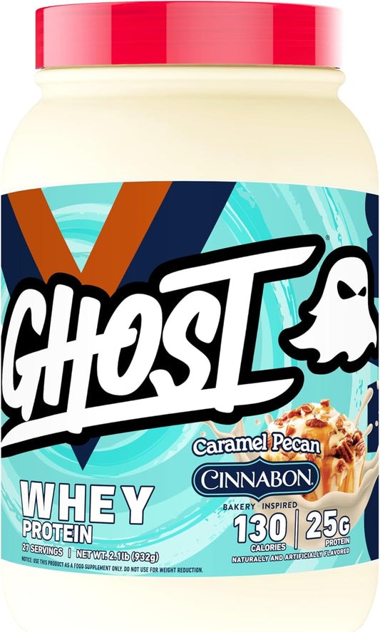 2LB Tub of GHOST Whey Protein Powder - Cinnabon Caramel Pecan Flavor - 25G Protein - Cinnamon Roll Blend - Post Workout Shakes - Soy & Gluten Free