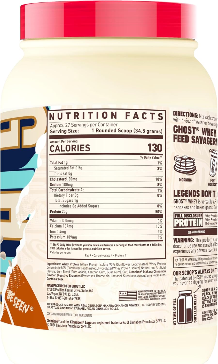 2LB Tub of GHOST Whey Protein Powder - Cinnabon Caramel Pecan Flavor - 25G Protein - Cinnamon Roll Blend - Post Workout Shakes - Soy & Gluten Free