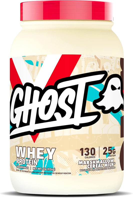 2LB Tub of GHOST Whey Protein Powder - Marshmallow Cereal Milk Flavor - 25G Protein Blend - Ideal for Post Workout Shakes - Soy & Gluten Free