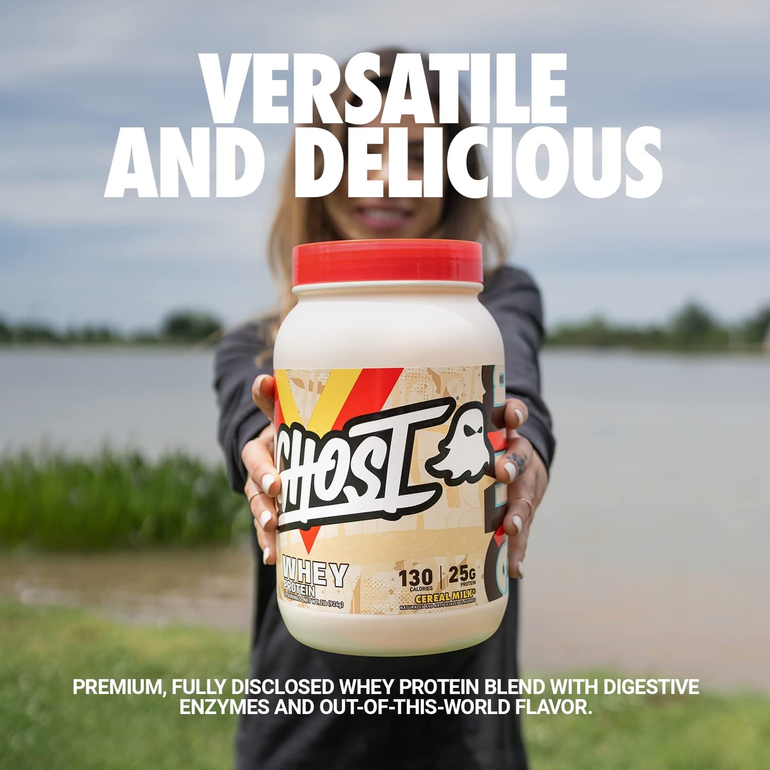 2LB Tub of GHOST Whey Protein Powder in Cereal Milk Flavor with 25G of Protein - Isolate, Concentrate & Hydrolyzed Blend - Post Workout Shakes - Soy & Gluten Free