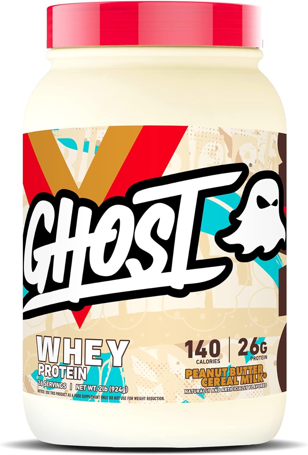 2LB Tub of GHOST Whey Protein Powder in Peanut Butter Cereal Milk Flavor - 26G Protein Blend for Post Workout Shakes - Soy & Gluten Free
