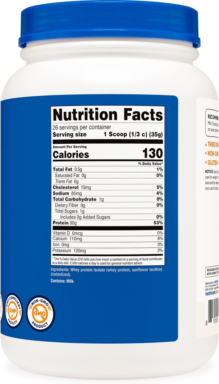 2LB Unflavored Nutricost Whey Protein Isolate Supplement