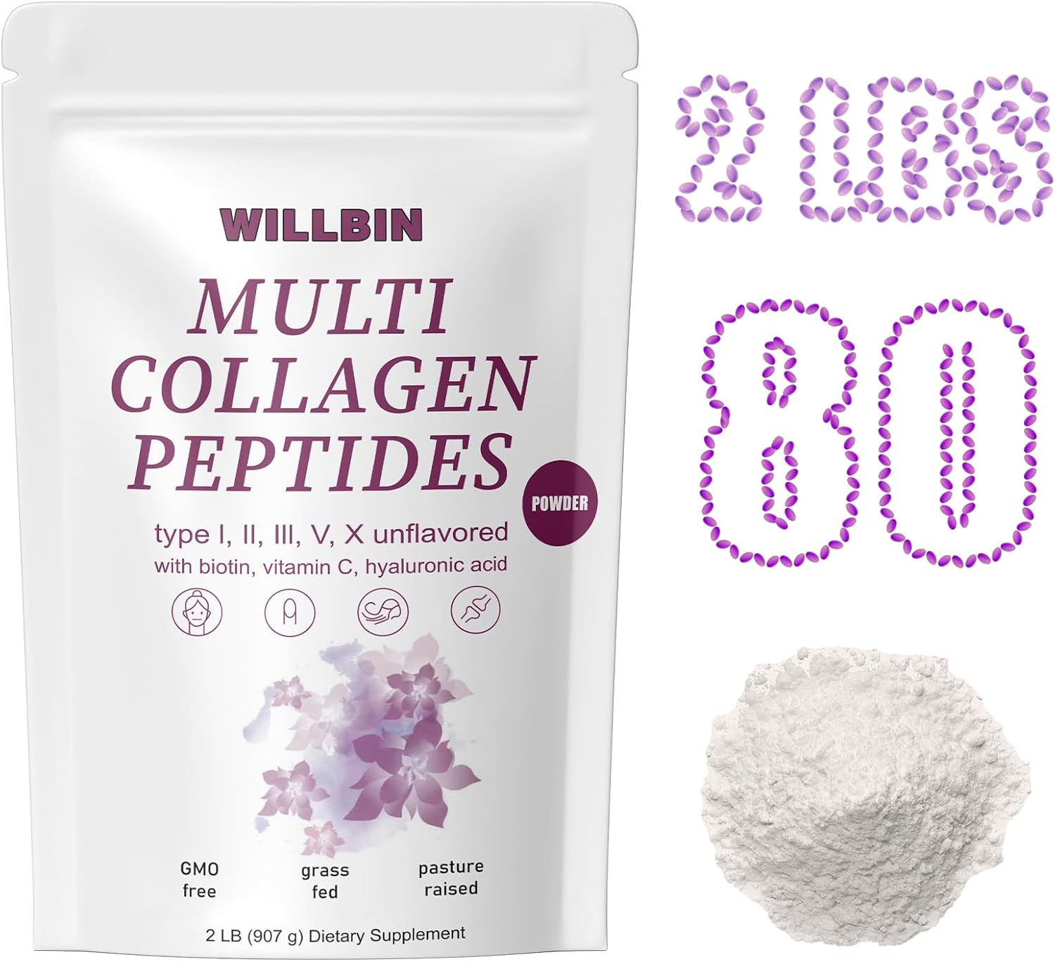 2lb Willbin Multi Collagen Peptides Powder - Type I, II, III, V, X with Biotin - Unflavored - 80 Servings - Non GMO Hydrolyzed Powder for Men & Women - BoostGo Australia