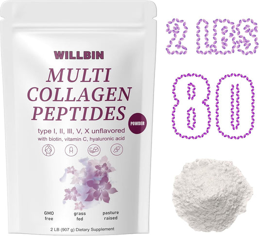 2lb Willbin Multi Collagen Peptides Powder - Type I, II, III, V, X with Biotin - Unflavored - 80 Servings - Non GMO Hydrolyzed Powder for Men & Women - BoostGo Australia
