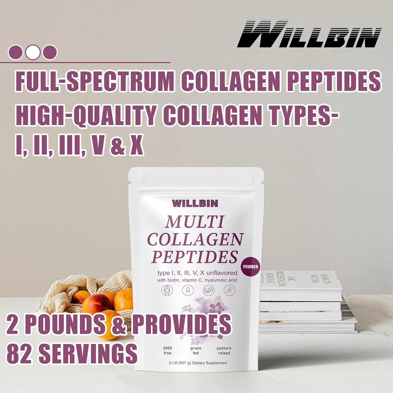 2lb Willbin Multi Collagen Peptides Powder - Type I, II, III, V, X with Biotin - Unflavored - 80 Servings - Non GMO Hydrolyzed Powder for Men & Women - BoostGo Australia