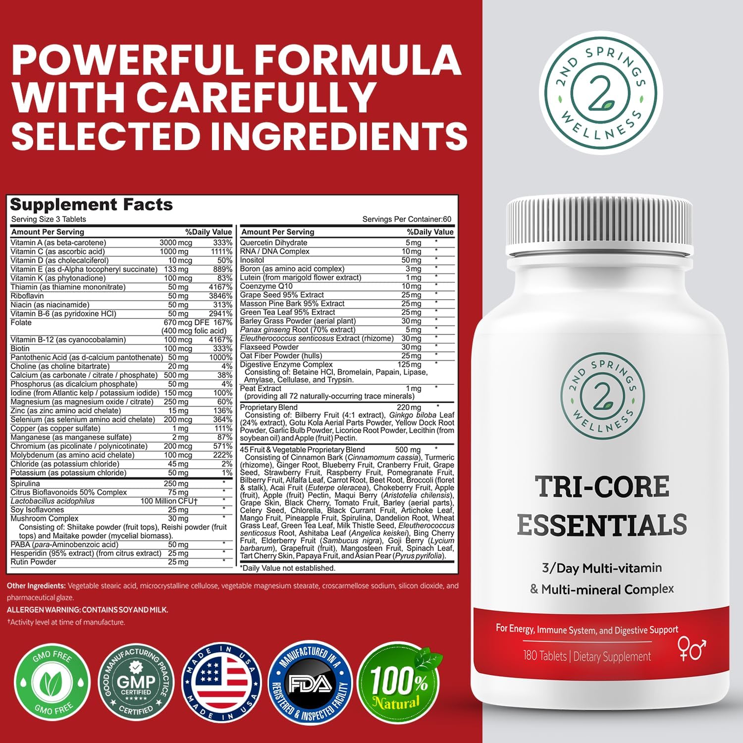 2nd Springs Tri-Core Essentials - Ultimate 3 A Day Multivitamin with Probiotics, Enzymes, Adaptogens - 180 Tablets