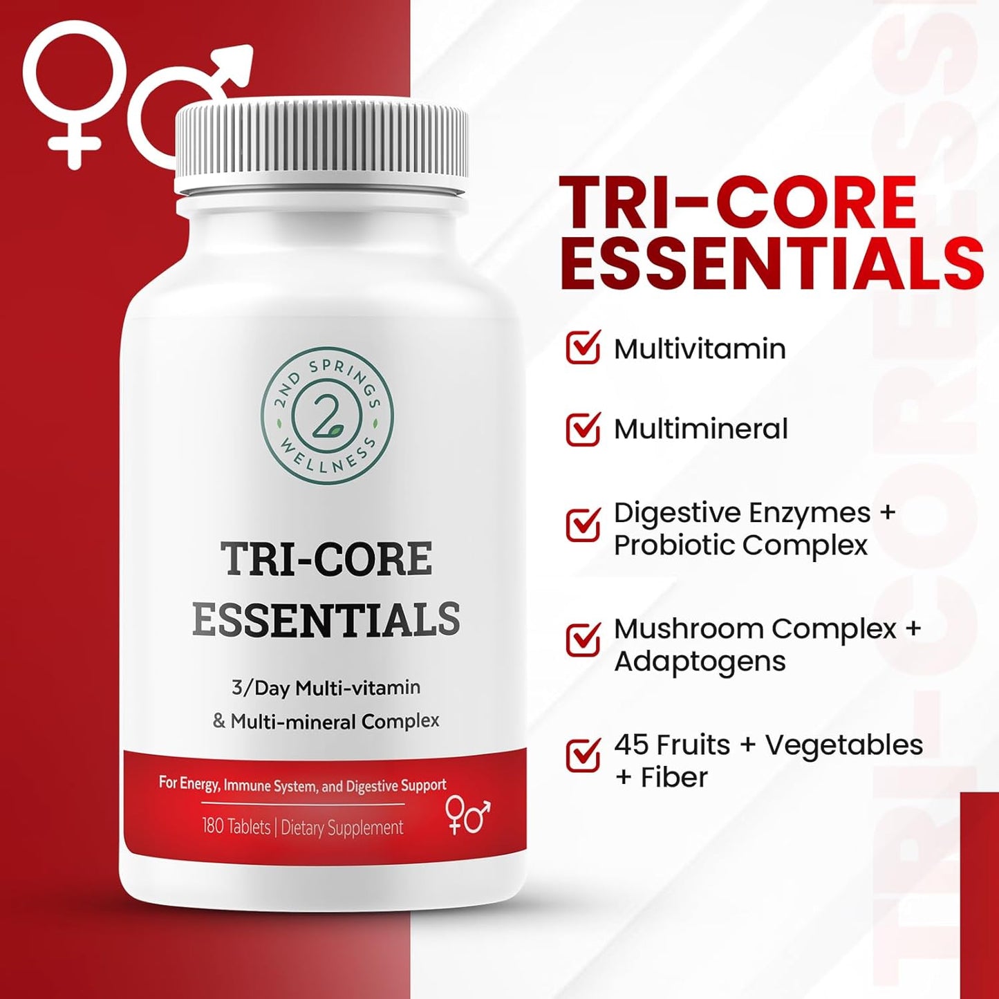 2nd Springs Tri-Core Essentials - Ultimate 3 A Day Multivitamin with Probiotics, Enzymes, Adaptogens - 180 Tablets