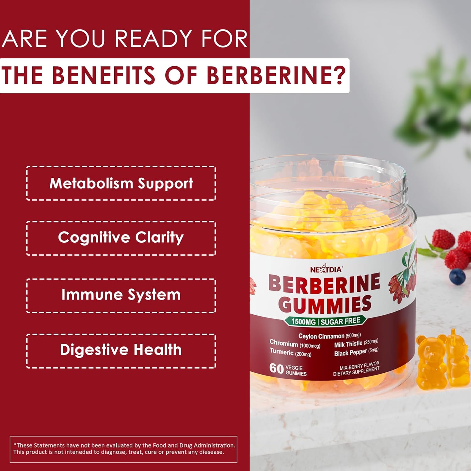 2Pack Berberine Supplement Gummies 1500mg + 2Pack Magnesium Malate with CoQ10-100mg Gummies for Energy and Heart Health