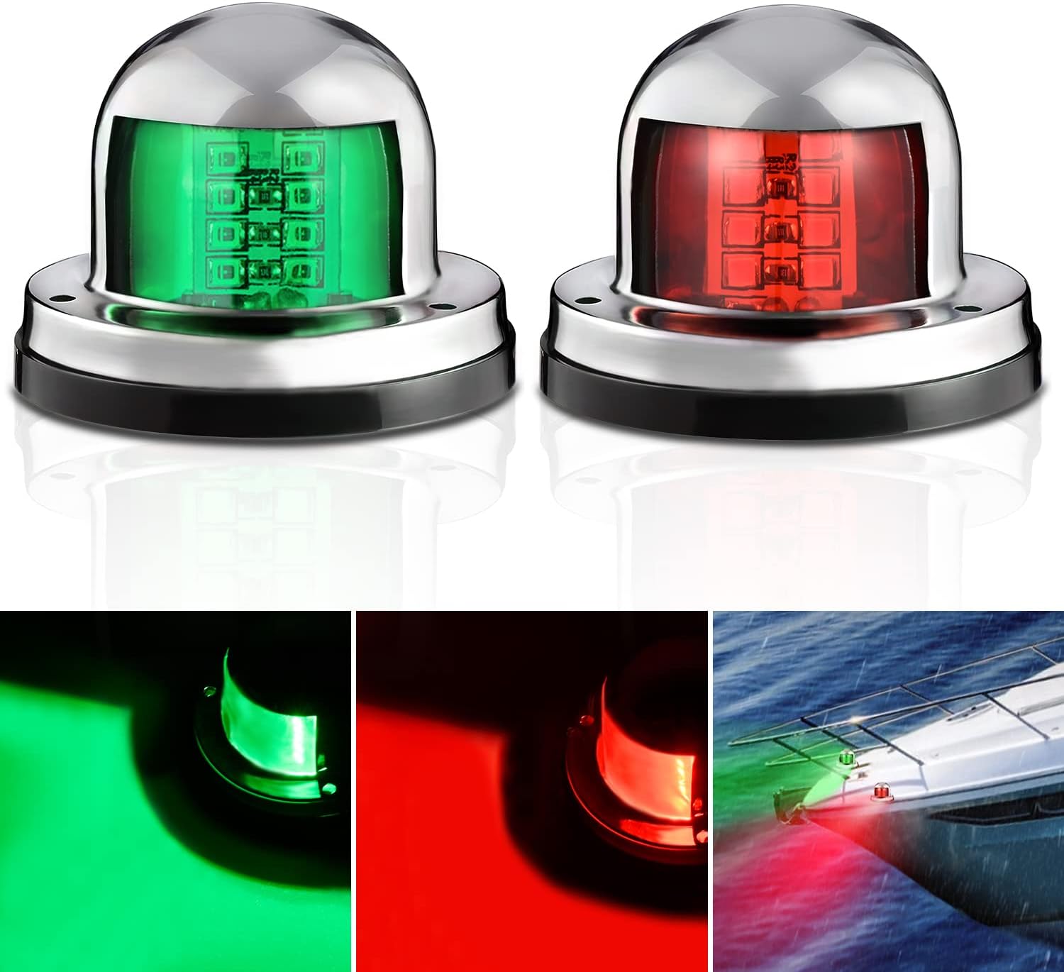 2PCS 8LED Red Green LED Navigation Lights for Marine Boats - Waterproof Bow Light for Yachts, Pontoon, Speedboats, Sailboats, and Fishing Boats