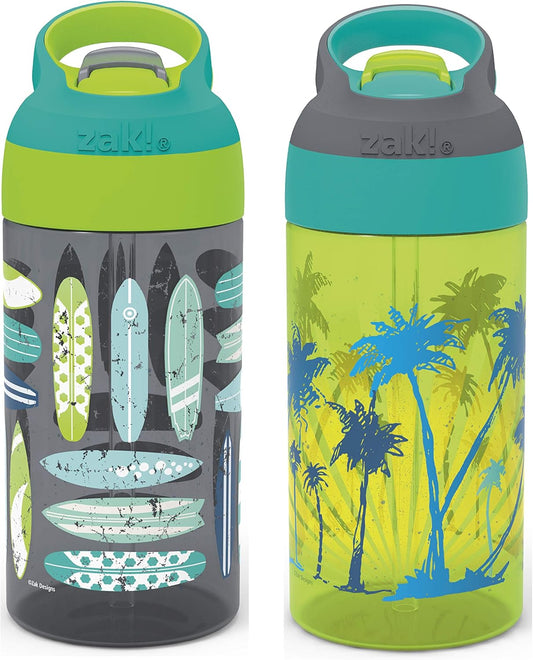 2PK Zak Designs 16oz Riverside Beach Life Kids Water Bottles with Straw and Carrying Loop - Durable, Leak-Proof Plastic for Travel