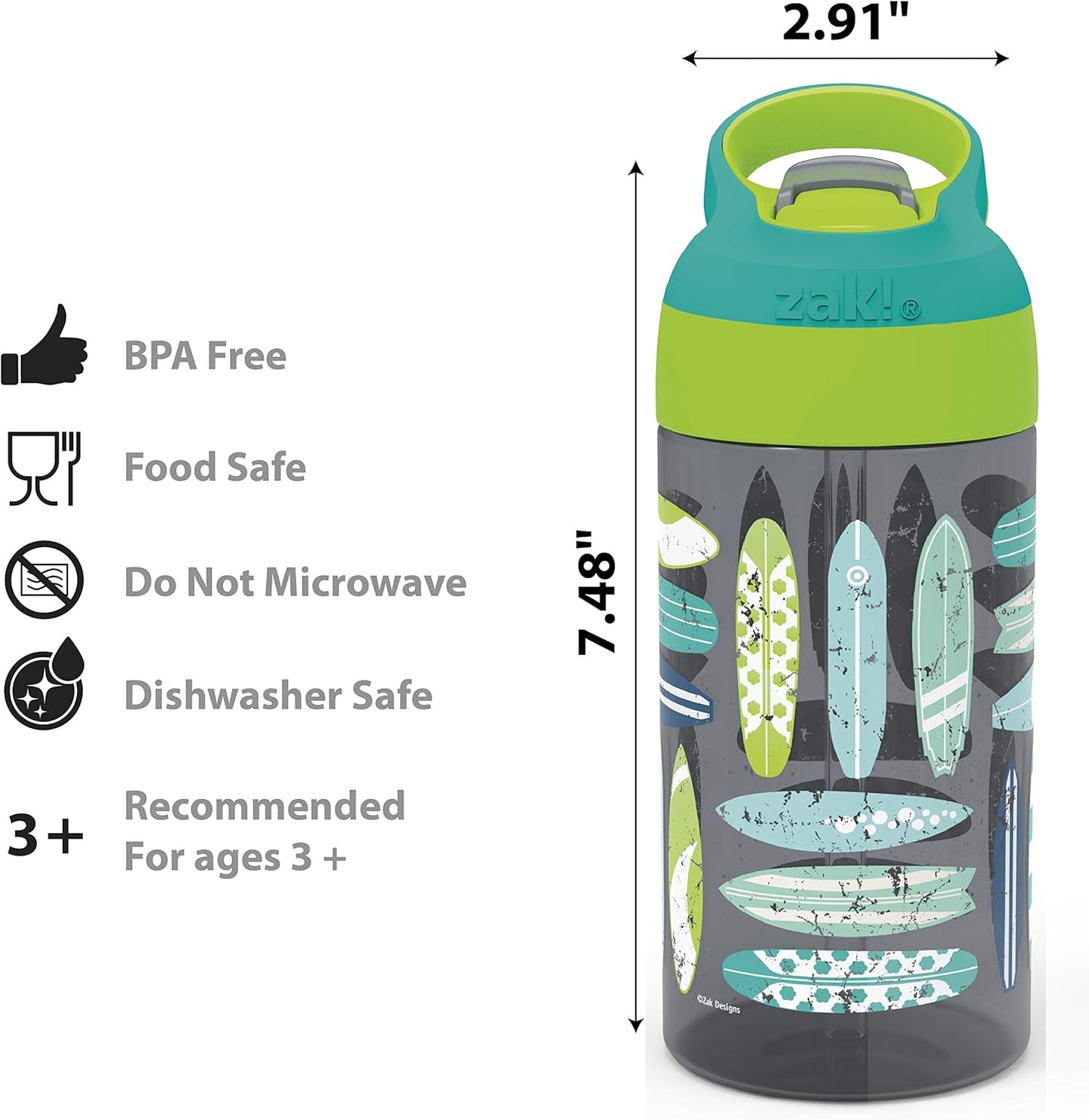 2PK Zak Designs 16oz Riverside Beach Life Kids Water Bottles with Straw and Carrying Loop - Durable, Leak-Proof Plastic for Travel