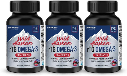 3 Bottles of NANOWELL Wild Alaskan Omega-3 Fish Oil Softgels - 360 Count (1196mg) with EPA, DHA, Vitamin D3 & E
