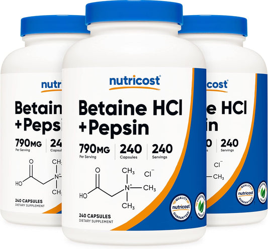 3 Bottles of Nutricost Betaine HCl + Pepsin 790mg, 240 Capsules Each - Total of 720 Capsules, Gluten Free & Non-GMO