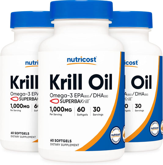 3 Bottles of Nutricost Krill Oil 1000mg Liquid Softgels with Omega-3 EPA-DHA