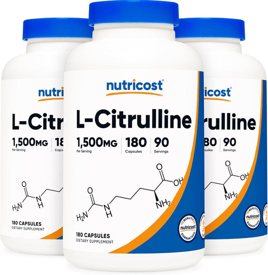 3 Bottles of Nutricost L-Citrulline 750mg, 180 Capsules - Nitric Oxide Booster and Workout Supplement