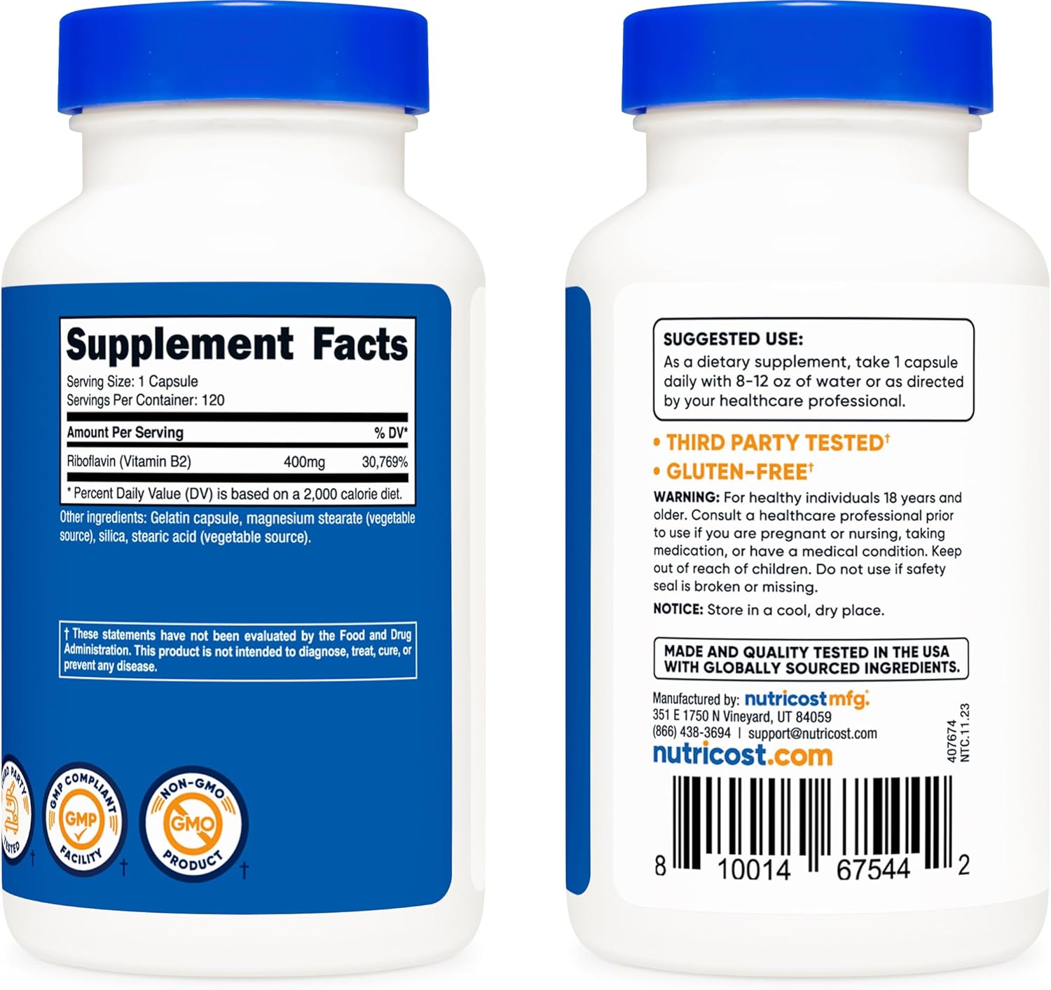 3 Bottles of Nutricost Vitamin B2 (Riboflavin) 400mg, Total of 120 Capsules