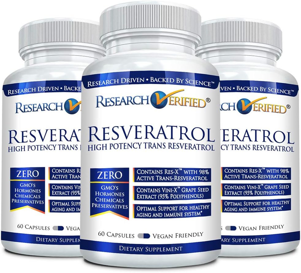 3 Bottles of Research Verified Resveratrol - 1000mg with 98% Trans-Resveratrol for Anti-Aging Support - 60 Capsules