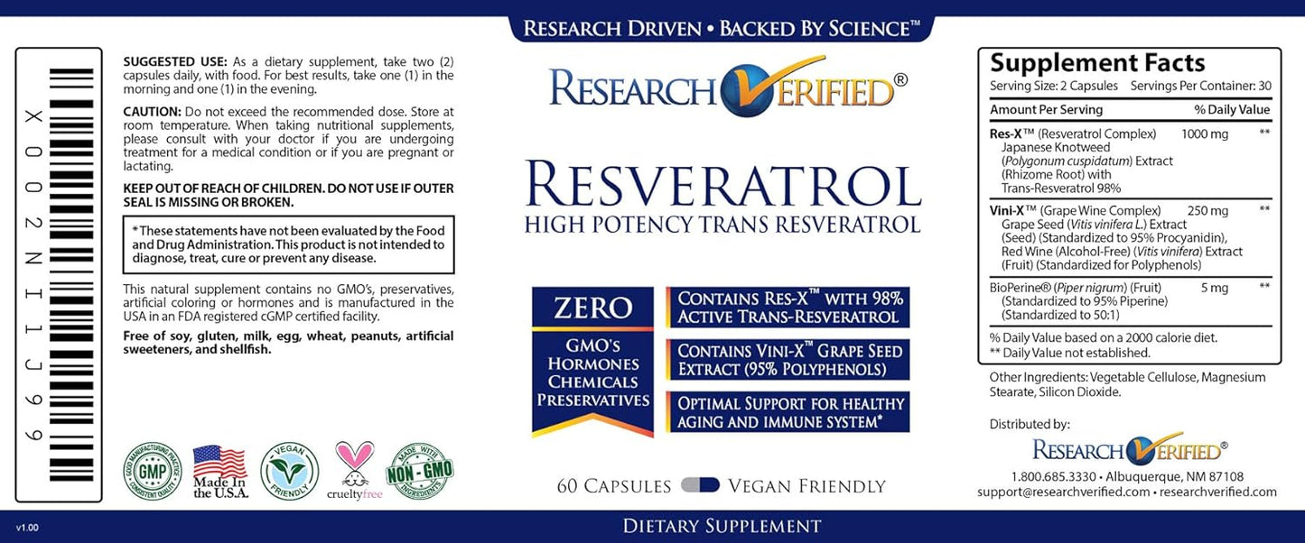 3 Bottles of Research Verified Resveratrol - 1000mg with 98% Trans-Resveratrol for Anti-Aging Support - 60 Capsules