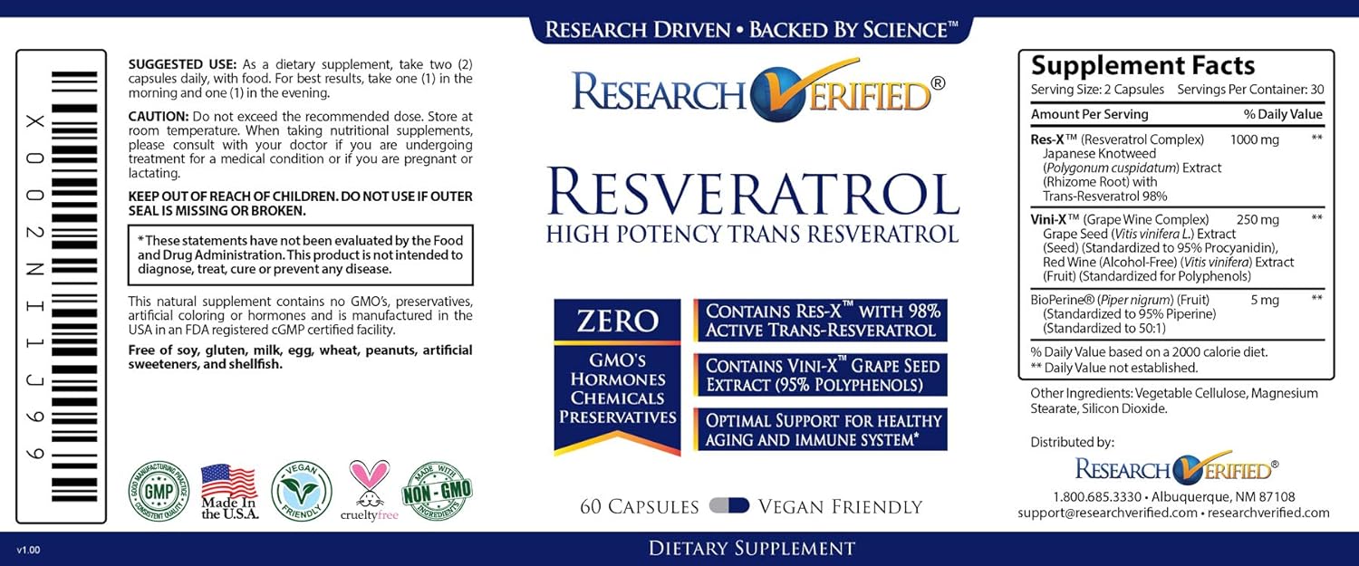 3 Bottles of Research Verified Resveratrol - 1000mg with 98% Trans-Resveratrol for Anti-Aging Support - 60 Capsules