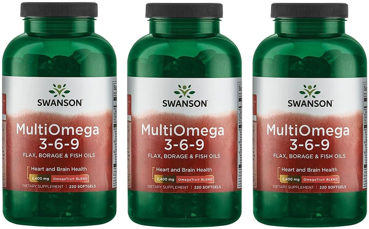 3 Bottles of Swanson MultiOmega 3-6-9 Capsules - Non-GMO Blend of Flax, Borage, & Fish Oils for Cardiovascular & Brain Health - 220 Softgels, 2400mg