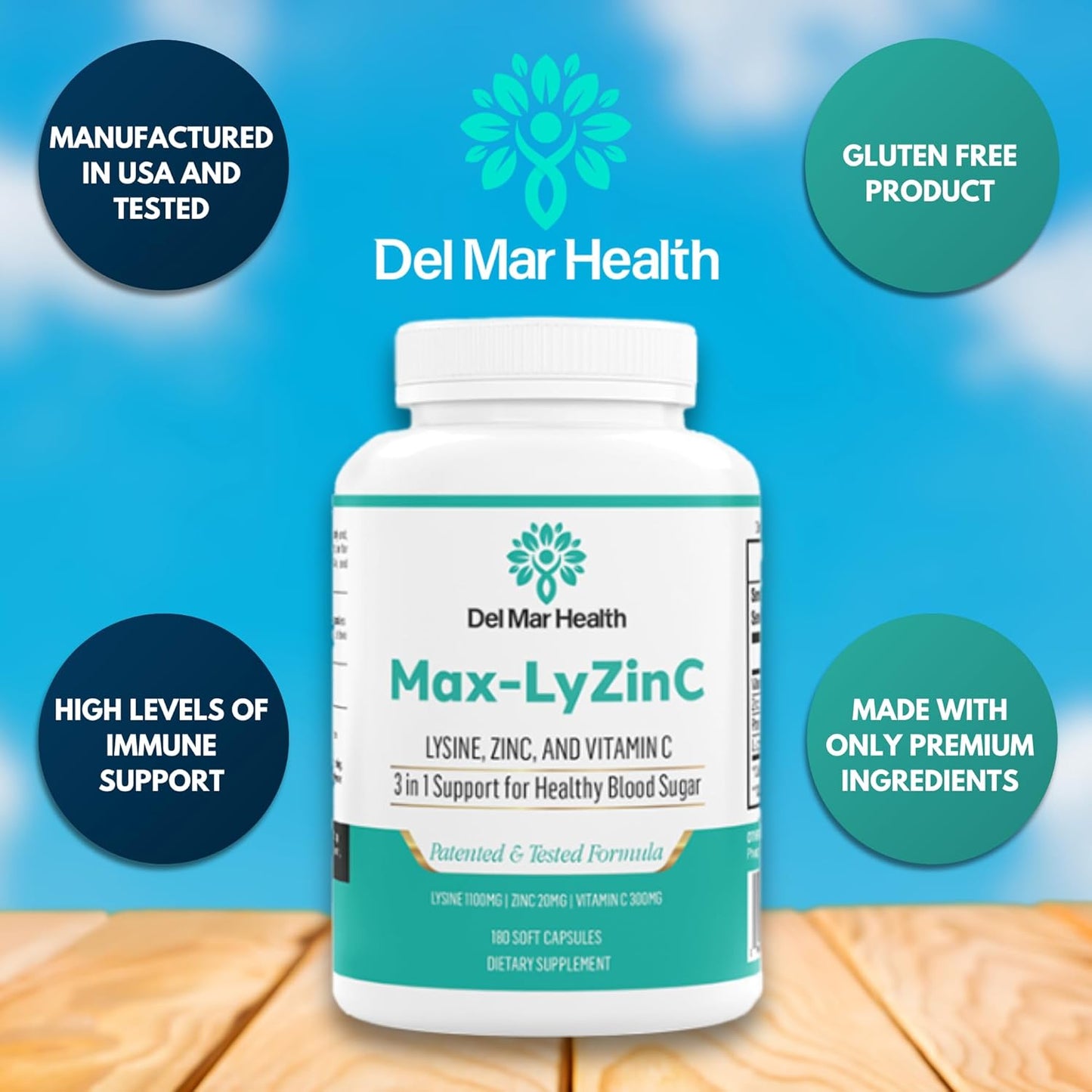 3-in-1 Del Mar Health Max-LyZinC Supplement: L-Lysine 1100mg, Zinc 6mg, Vitamin C 100mg - Supports Healthy Blood Sugar - 180 Capsules