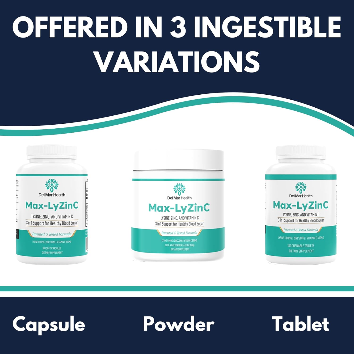 3-in-1 Del Mar Health Max-LyZinC Supplement: L-Lysine 1100mg, Zinc 6mg, Vitamin C 100mg - Supports Healthy Blood Sugar - 180 Capsules