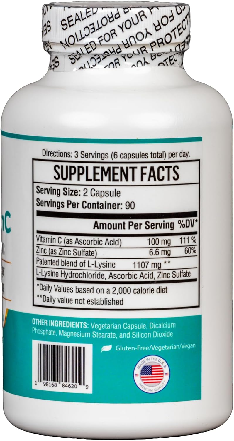 3-in-1 Del Mar Health Max-LyZinC Supplement: L-Lysine 1100mg, Zinc 6mg, Vitamin C 100mg - Supports Healthy Blood Sugar - 180 Capsules