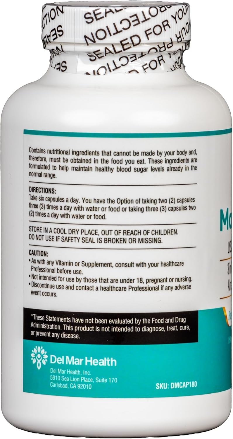 3-in-1 Del Mar Health Max-LyZinC Supplement: L-Lysine 1100mg, Zinc 6mg, Vitamin C 100mg - Supports Healthy Blood Sugar - 180 Capsules