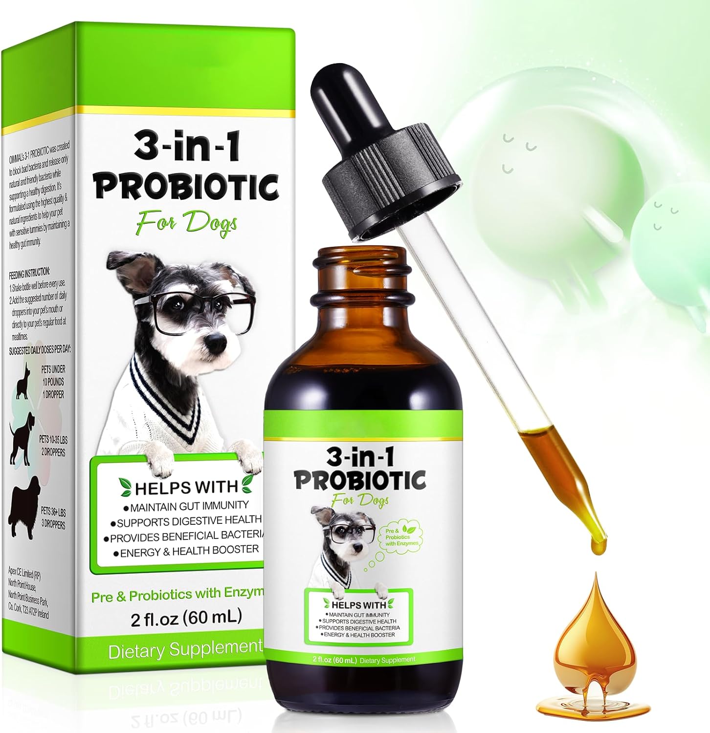 3-in-1 Dog Probiotic & Digestive Enzymes for Gut Health, Itchy Skin, Allergies, Immunity - Liquid Probiotics for All Ages & Breeds