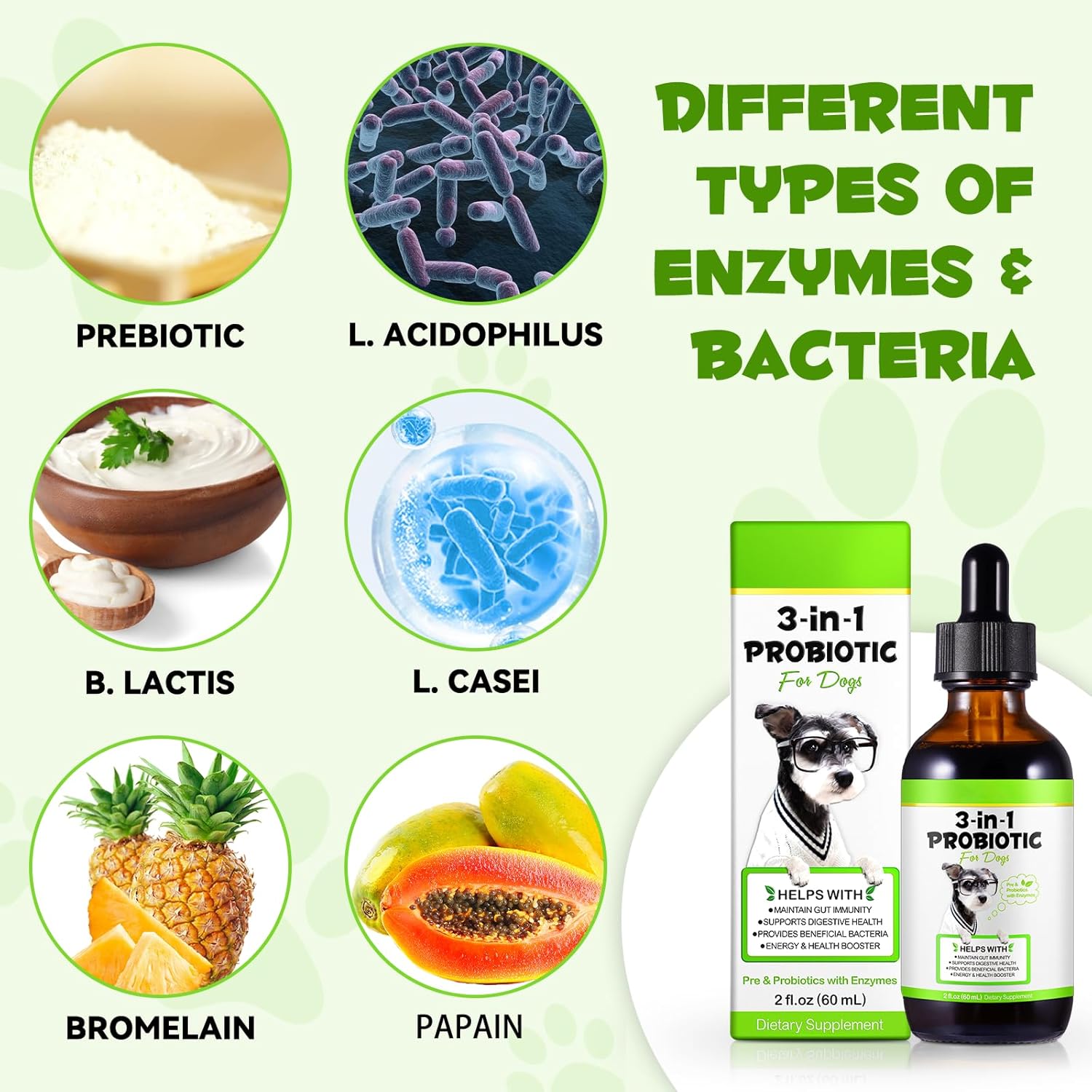 3-in-1 Dog Probiotic & Digestive Enzymes for Gut Health, Itchy Skin, Allergies, Immunity - Liquid Probiotics for All Ages & Breeds