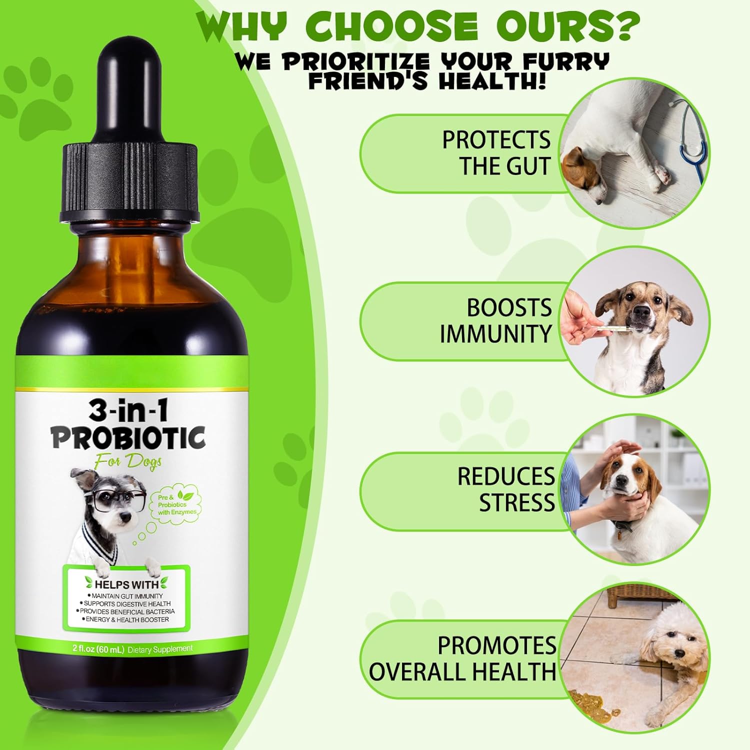 3-in-1 Dog Probiotic & Digestive Enzymes for Gut Health, Itchy Skin, Allergies, Immunity - Liquid Probiotics for All Ages & Breeds