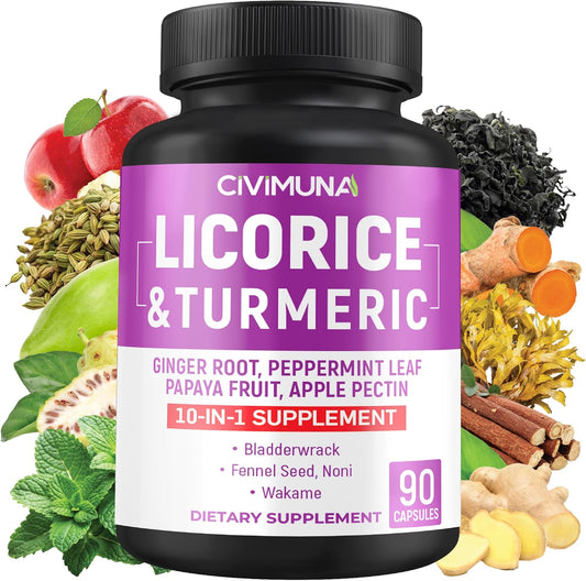 3 Month Supply of CIVIMUNA Licorice Capsules with Turmeric, Ginger, Peppermint, and Papaya - Herbal Supplement