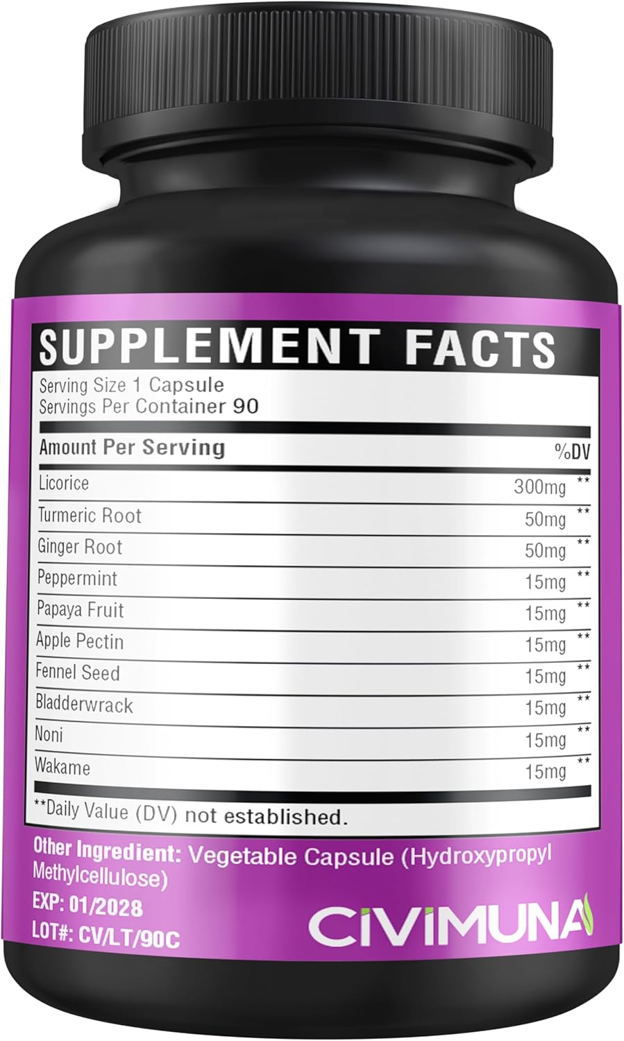 3 Month Supply of CIVIMUNA Licorice Capsules with Turmeric, Ginger, Peppermint, and Papaya - Herbal Supplement