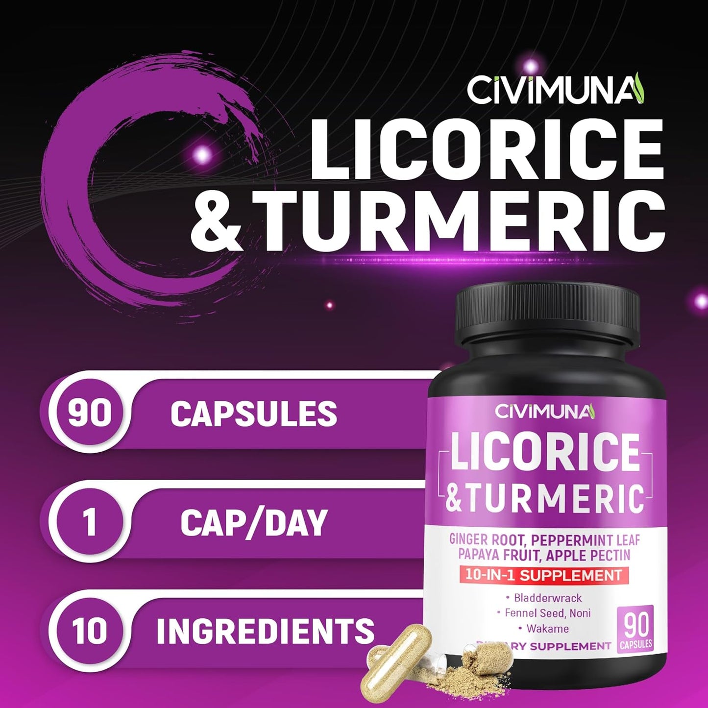 3 Month Supply of CIVIMUNA Licorice Capsules with Turmeric, Ginger, Peppermint, and Papaya - Herbal Supplement