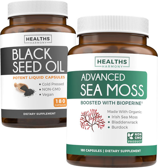 3-Month Supply of Healths Harmony Black Seed Oil & Irish Sea Moss Capsules - Cold-Pressed Nigella Sativa & Bladderwrack with Bioperine