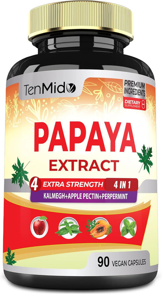3 Month Supply Papaya Leaf Extract Capsules with Kalmegh, Apple Pectin, Peppermint - Enhanced Digestion - 90 Vegan Capsules