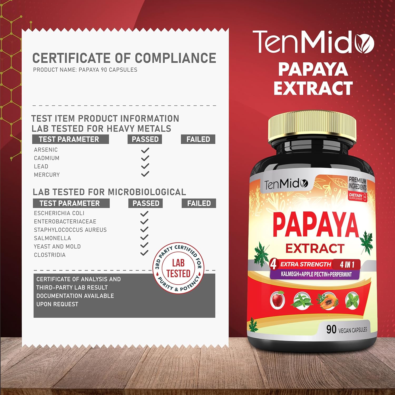 3 Month Supply Papaya Leaf Extract Capsules with Kalmegh, Apple Pectin, Peppermint - Enhanced Digestion - 90 Vegan Capsules