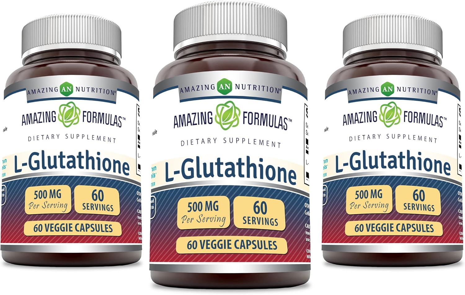 3-Pack Amazing Nutrition Amazing Formulas Reduced L-Glutathione Supplement - 500mg Per Serving - 60 Veggie Capsules - Non-GMO - Gluten Free - USA-Made