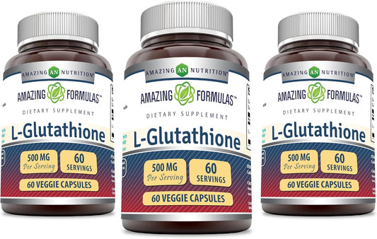 3-Pack Amazing Nutrition Amazing Formulas Reduced L-Glutathione Supplement - 500mg Per Serving - 60 Veggie Capsules - Non-GMO - Gluten Free - USA-Made
