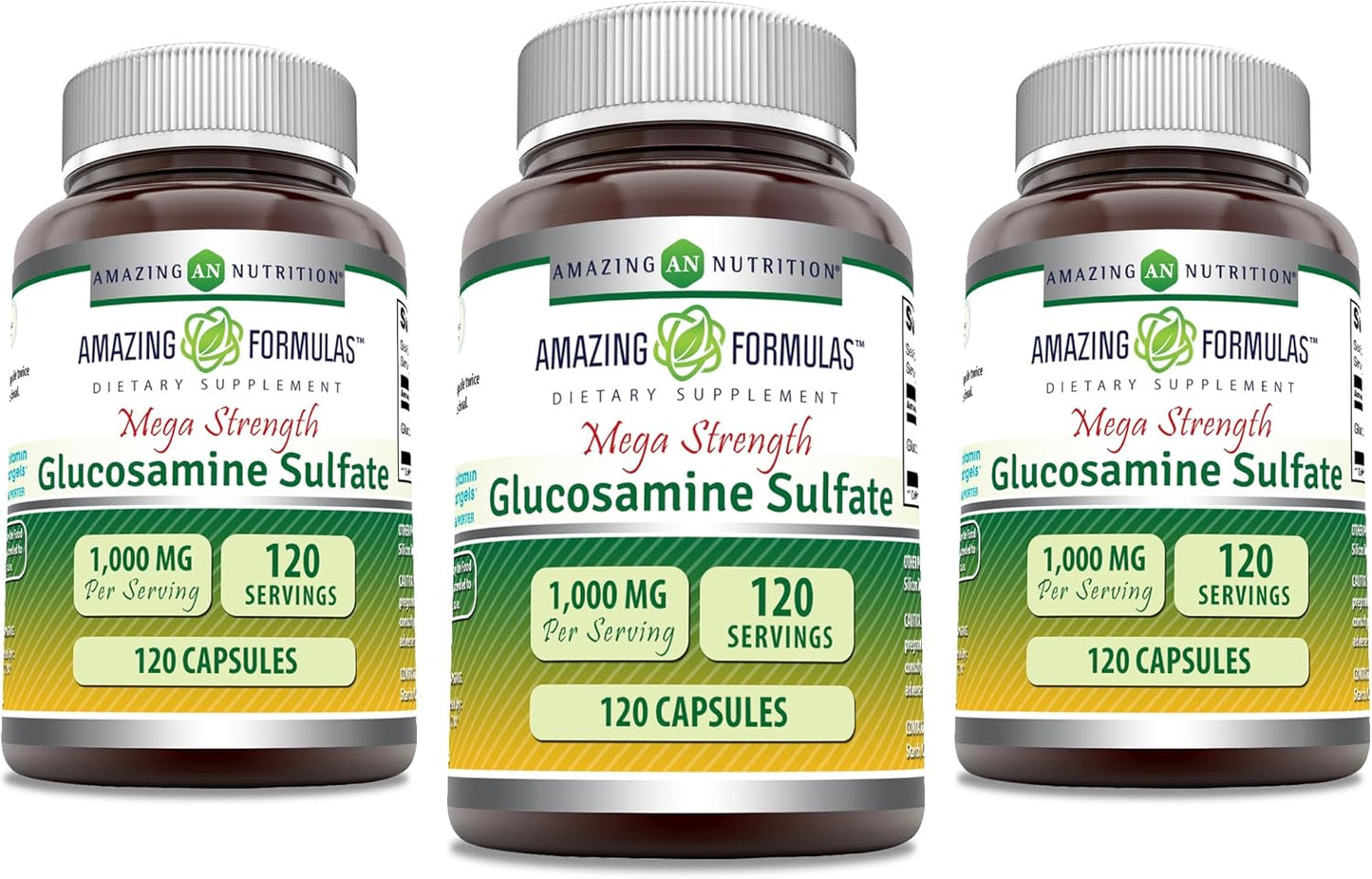 3 Pack Amazing Nutrition Glucosamine Sulfate 1000mg Capsules Supplement | Non-GMO, Gluten Free | Made in USA - 360 Count