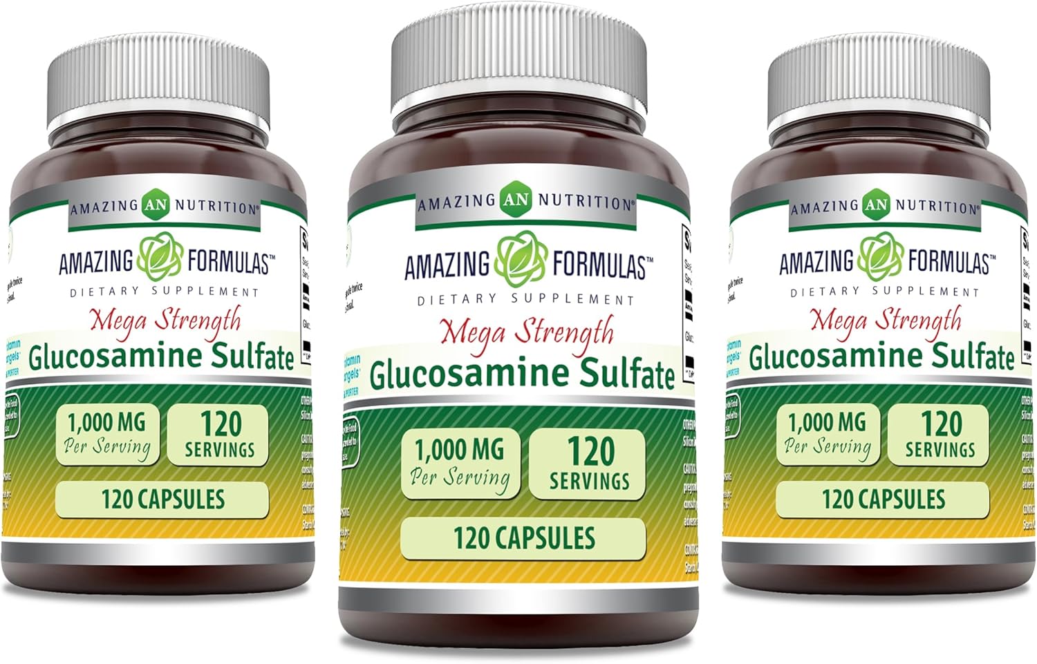 3 Pack Amazing Nutrition Glucosamine Sulfate 1000mg Capsules Supplement | Non-GMO, Gluten Free | Made in USA - 360 Count