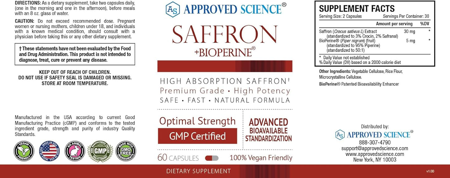 3-Pack Approved Science® Saffron Capsules with High-Absorption BioPerine - Vegan, 60 Capsules Each