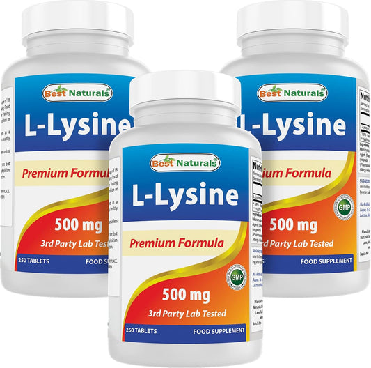 3-Pack Best Naturals L-Lysine 500mg 250 Tablets - Total 750 Tablets