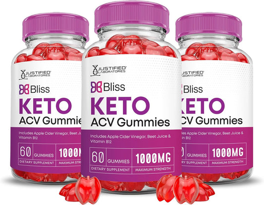 3 Pack Bliss Keto ACV Gummies 1000MG Advanced Formula with Pomegranate & Beet Juice - B12 Vegan Non GMO - 180 Gummies