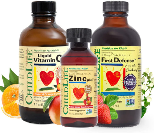 3-Pack ChildLife Essentials Immune Support Bundle - Liquid Vitamin C, First Defense, Zinc - Boosts Immune System for Children