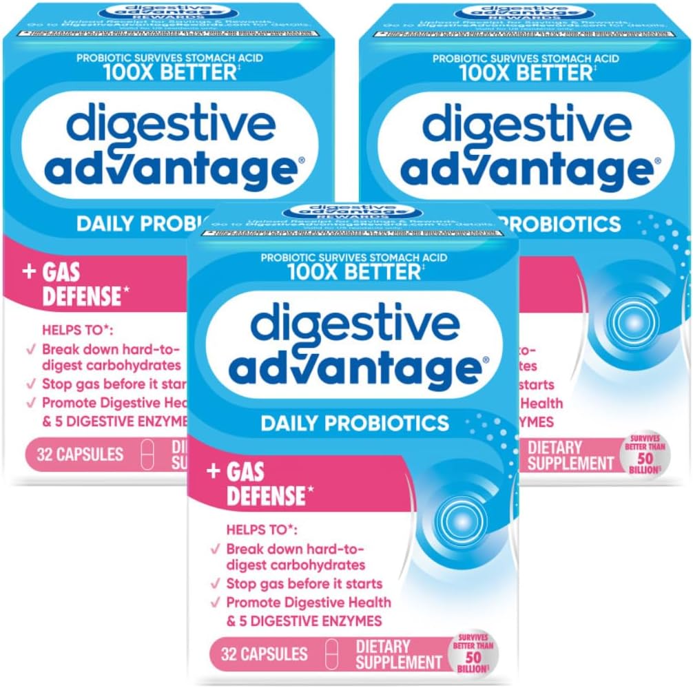 3 Pack Digestive Advantage Fast Acting Enzymes + Daily Probiotic Capsules - Prevent Gas & Aid in Food Breakdown - 32 Count