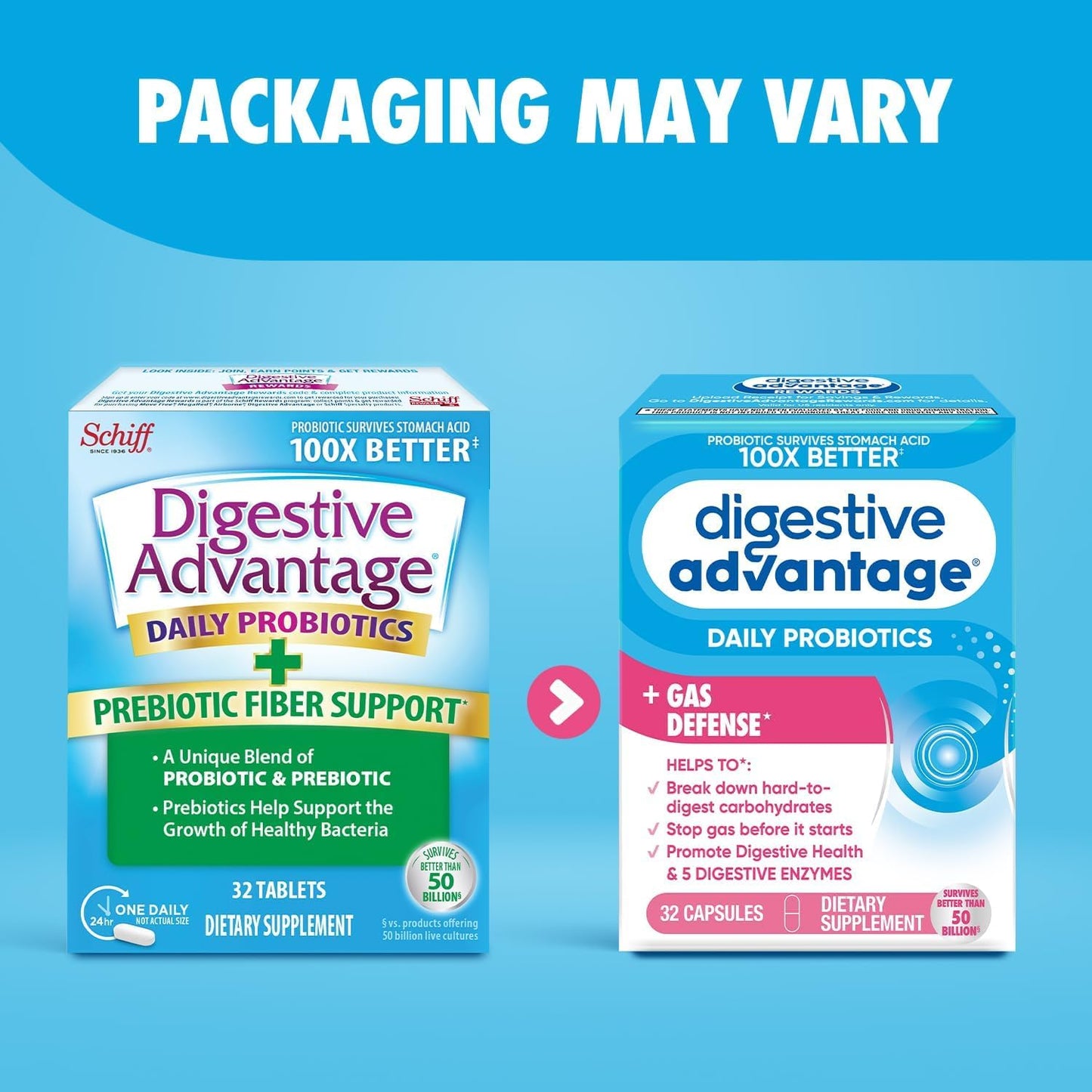 3 Pack Digestive Advantage Fast Acting Enzymes + Daily Probiotic Capsules - Prevent Gas & Aid in Food Breakdown - 32 Count